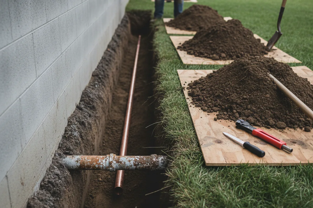 Excavated water line trench during Sewer Line Repair in Rock Hall